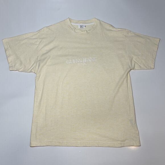 VTG Guess Jeans Los Angeles T-Shirt Men’s M Logo Yellow White Stripe USA - Picture 1 of 7